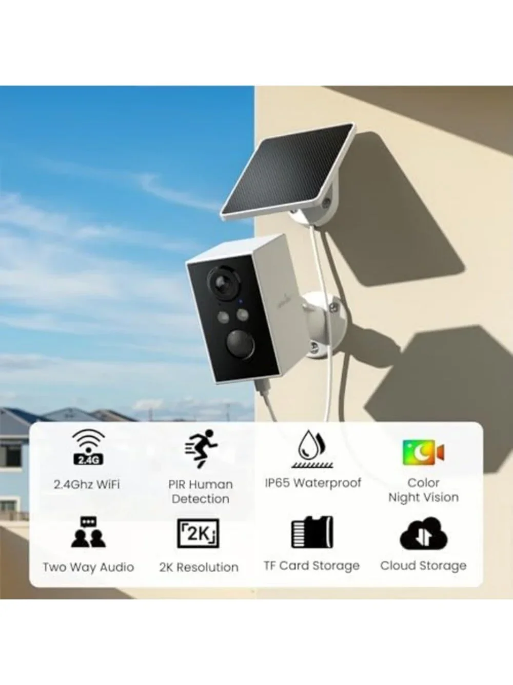 2-Pack Wireless Solar Security Cameras, 2K HD Outdoor WiFi, Night Vision, Motion